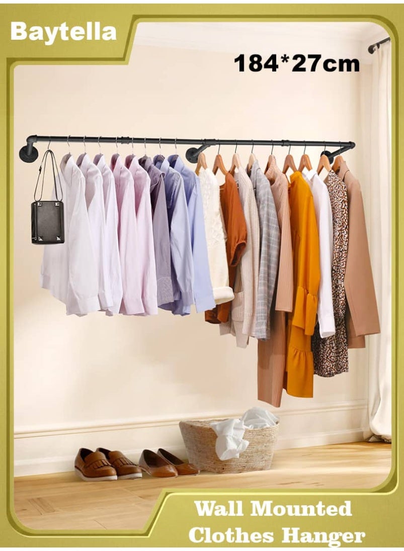 Clothes Rack Wall Mounted, Industrial Pipe Clothes Hanger Rack for Hanging Clothes, Heavy Duty Space-Saving Garment Rack for Closet Storage, 184 × 27 × 8.5 CM