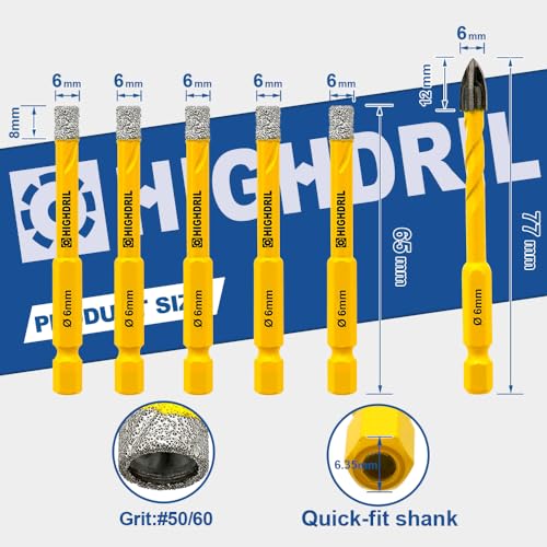 HIGHDRIL Dry Diamond Drill Bits - 6Pcs 1/4 inch (6/6/6/6/6mm+6mm carbide drill bit) Diamond Core Drill Bits Set with Quick-fit Hex Shank for Granite Marble Porcelain Tile Ceramic Dekton - Image 2