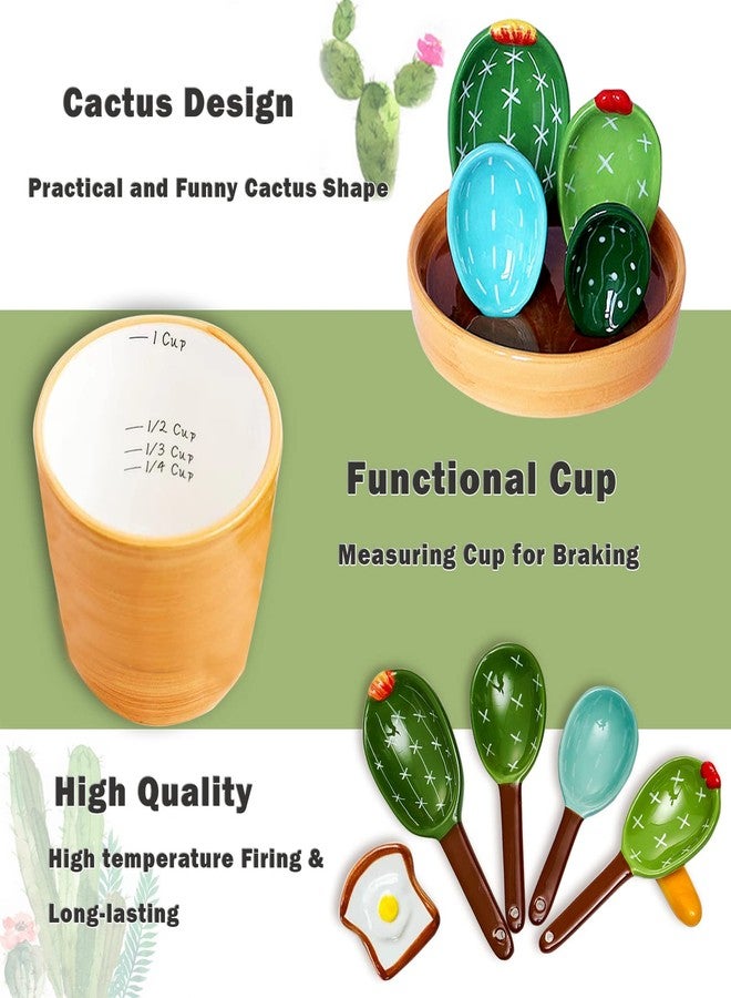 Sirensky Cactus Measuring Spoons Set in Pot with Stand,Ceramic Cacti Measuring Spoons Set with Measuring Cup for Baking,Salt,Sugar (Pure Green) - Image 4