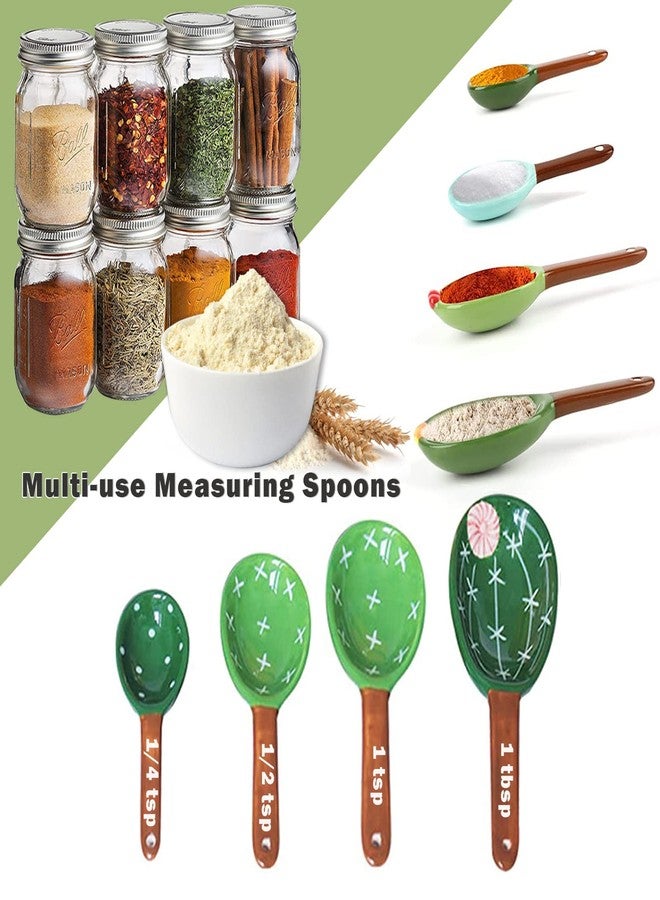 Sirensky Cactus Measuring Spoons Set in Pot with Stand,Ceramic Cacti Measuring Spoons Set with Measuring Cup for Baking,Salt,Sugar (Pure Green) - Image 2