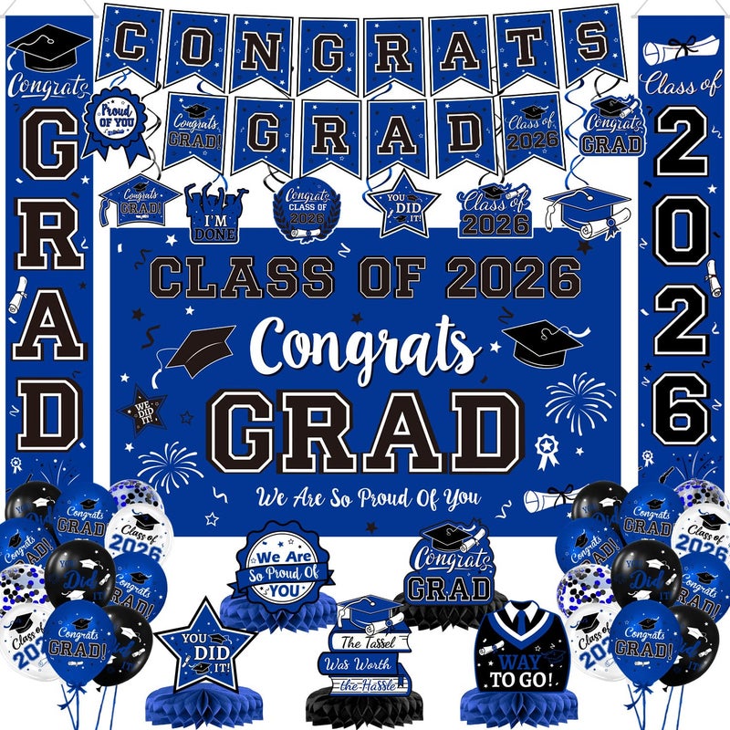 LINHAXM 2026 Graduation Decorations Blue and Black Graduation Decorations Set with Congrats Grad Banner Backdrop Porch Sign Hanging Swirls Balloons Honeycomb Centerpieces for Congrats Grad Party Decorations - Image 2
