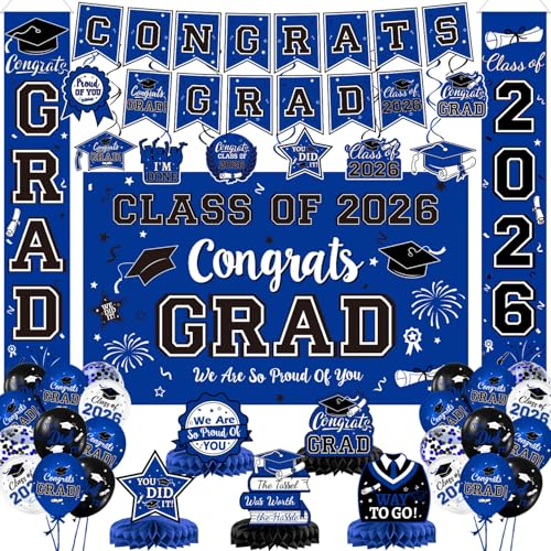 LINHAXM 2026 Graduation Decorations Blue and Black Graduation Decorations Set with Congrats Grad Banner Backdrop Porch Sign Hanging Swirls Balloons Honeycomb Centerpieces for Congrats Grad Party Decorations - Image 1
