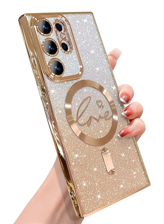 For Samsung Galaxy S24 Ultra Case Magnetic,for Women Girl Soft Cute Luxury Love Heart Plating Bling Gradient Glitter Phone Case Compatible with MagSafe Clear Shockproof Back Cover (Gold) - Image 1