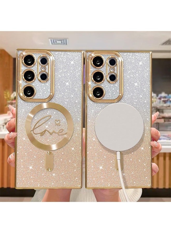 For Samsung Galaxy S24 Ultra Case Magnetic,for Women Girl Soft Cute Luxury Love Heart Plating Bling Gradient Glitter Phone Case Compatible with MagSafe Clear Shockproof Back Cover (Gold) - Image 2
