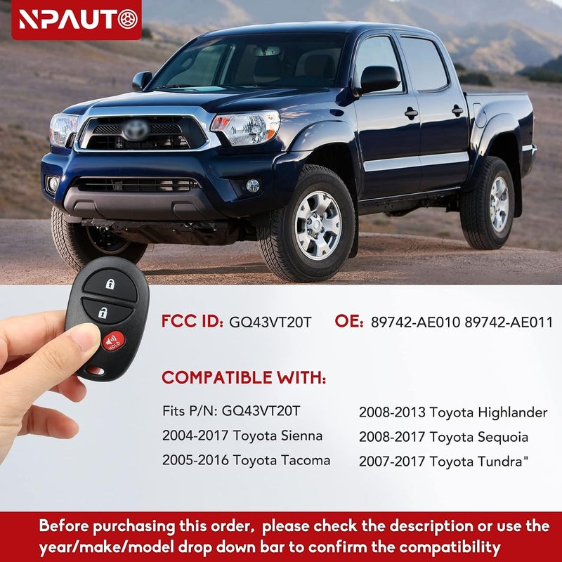 NPAUTO Key Fob Replacement Fits for Toyota Sienna 2004-2017, Tacoma 2005-2016, Tundra 2007-2017, Sequoia 2008-2017, Highlander 2008-2013, Keyless Entry Remote Control Car Key Fob, CGQ43VT20T - Image 2