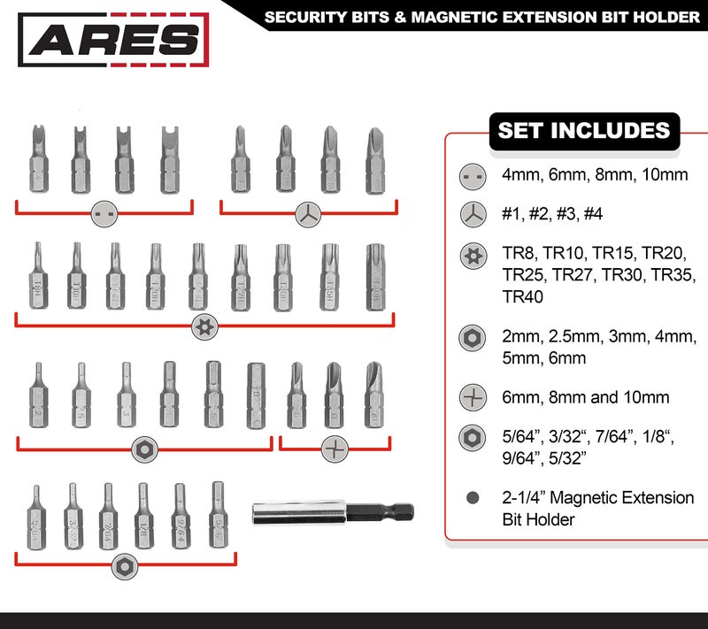 ARES 70009-33-Piece Security Bit Set with Magnetic Extension Bit Holder - Includes Tamper Resistant, SAE Hex, Metric Hex and Star Bits â€“ Anti Tamper Bit Set Features Torq, Spanner, and Triwing Bits - Image 2