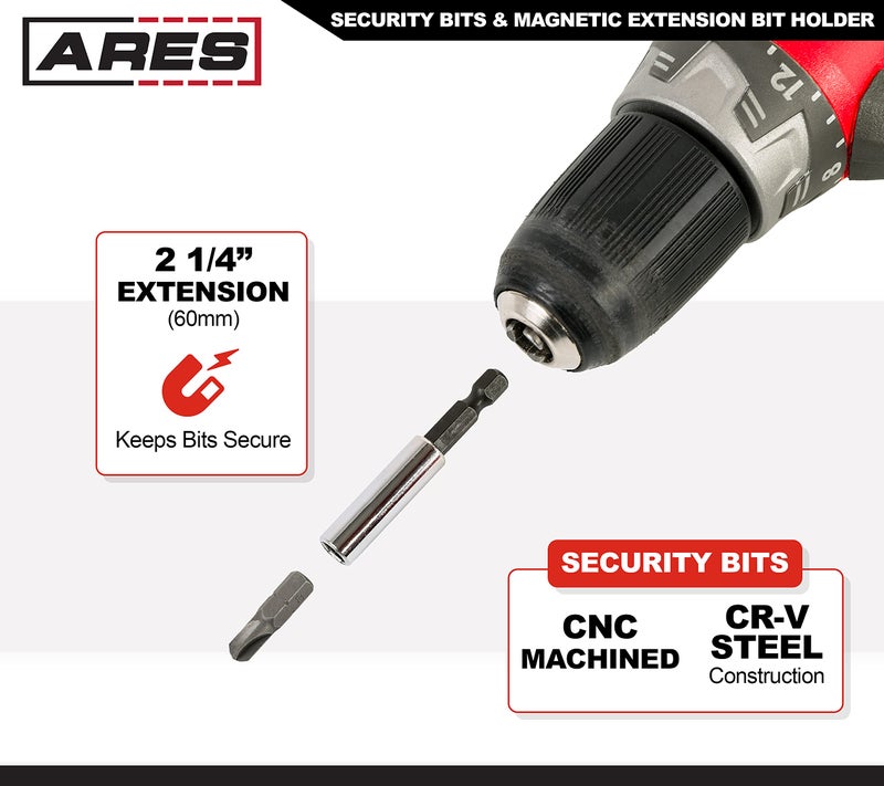 ARES 70009-33-Piece Security Bit Set with Magnetic Extension Bit Holder - Includes Tamper Resistant, SAE Hex, Metric Hex and Star Bits â€“ Anti Tamper Bit Set Features Torq, Spanner, and Triwing Bits - Image 4