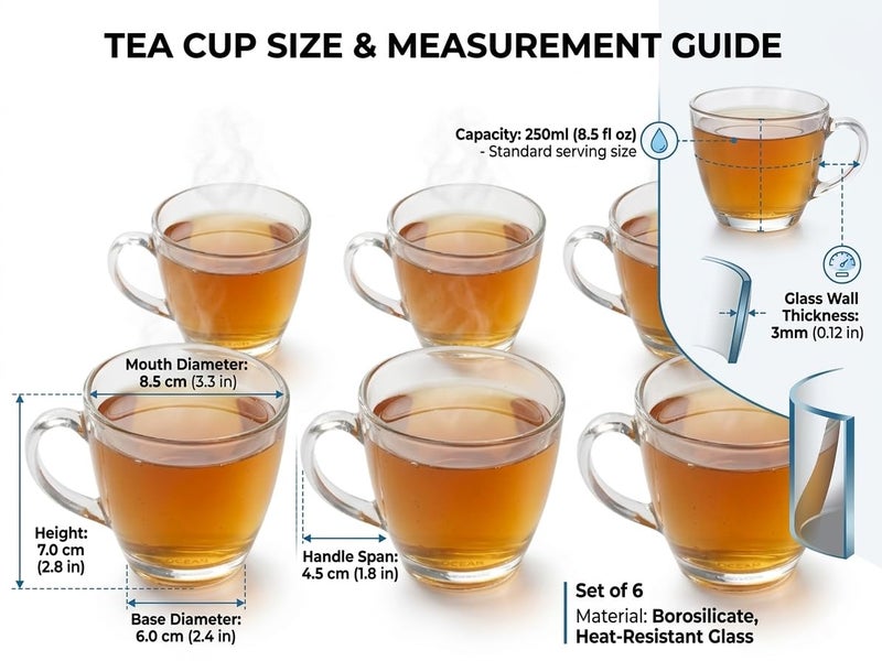 LVOOK Glass Transparent Bone China Table Ware Series Tea Cup with Round Handle and Square Base for Office| Home| Hotel| Pack of 6- (White, 170 ML) - Image 4