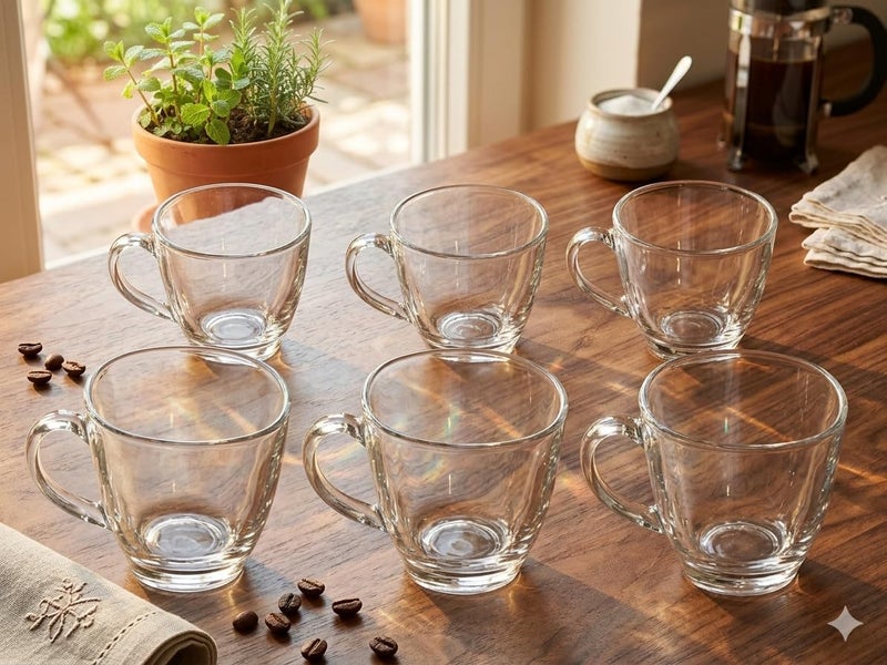 LVOOK Glass Transparent Bone China Table Ware Series Tea Cup with Round Handle and Square Base for Office| Home| Hotel| Pack of 6- (White, 170 ML) - Image 2