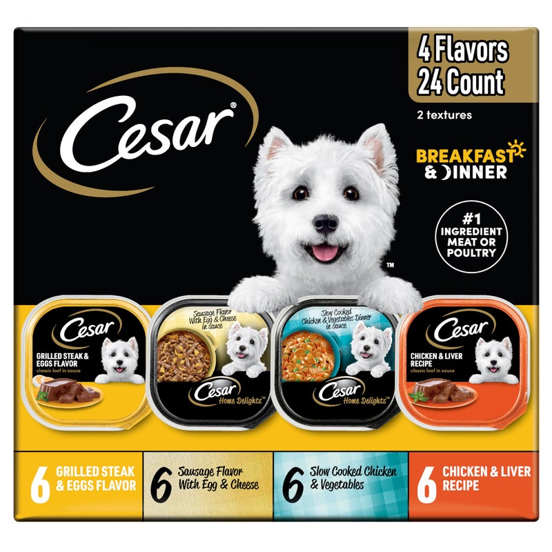 Cesar Wet Dog Food Home Delights & Classic Loaf in Sauce, Breakfast & Dinner Variety Pack, 3.5 oz. Trays, 24 Count - Image 1