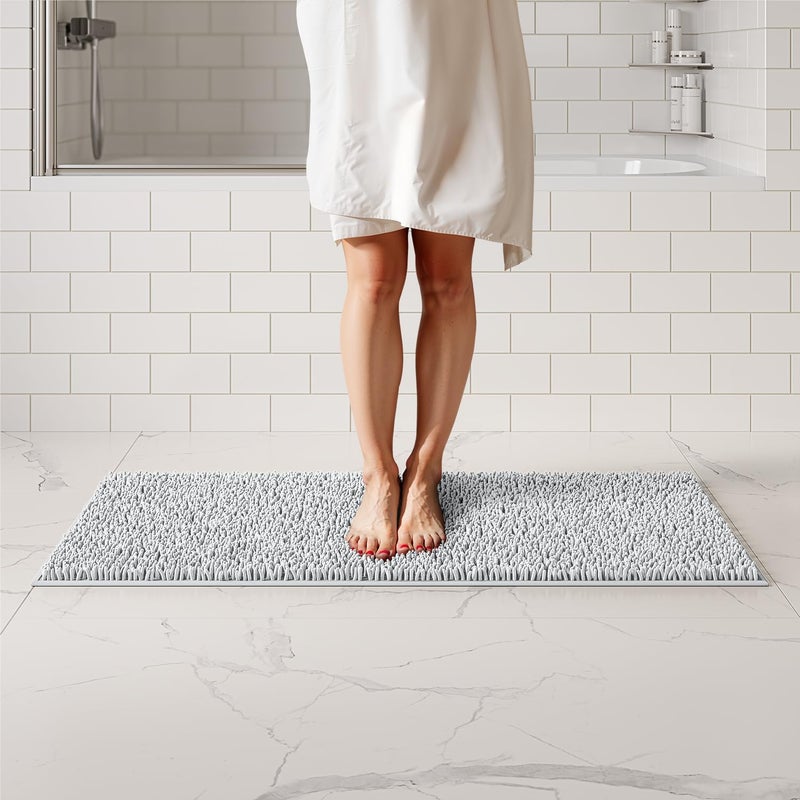 ITSOFT Plush Bathroom Rug 47x21 Absorbent Machine Washable Non Slip Chenille Bath Mats Quick Dry Bathmat Bath Rugs for Bath Shower Bedroom or Door Mat White