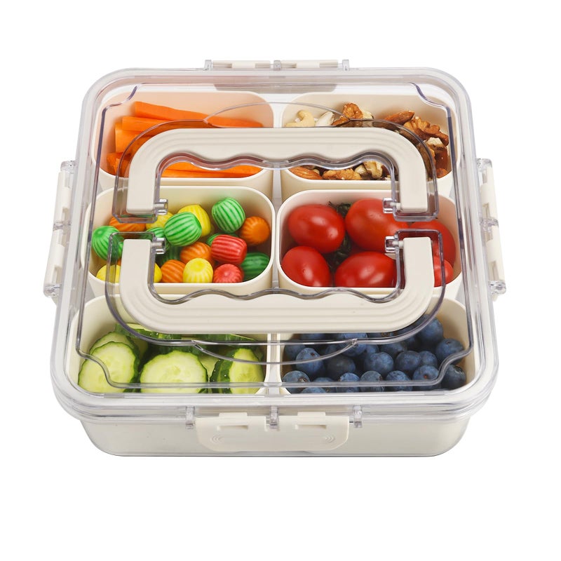 shopwithgreen SMALL Divided Serving Tray with Lid and Handle, Portable Snack Box Container, 6 Compartments Veggie Fruit Snackle Tray,Charcuterie Box Container for Party, Travel, Entertaining,Picnic, SMALL SIZE - Image 1