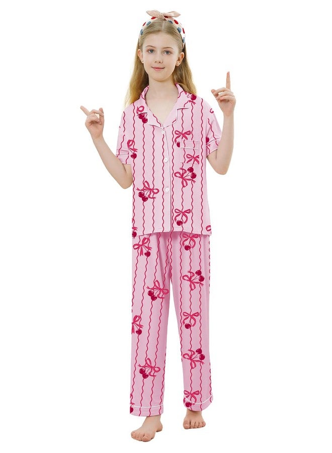 Umeyda Girls Pajamas Set Soft Short Sleeve Button-Down Sleepwea Nightwear 3Pjs Set Loungewear, 5-14 Years, A Pink Bow Cherry, 7-8 years - Image 5