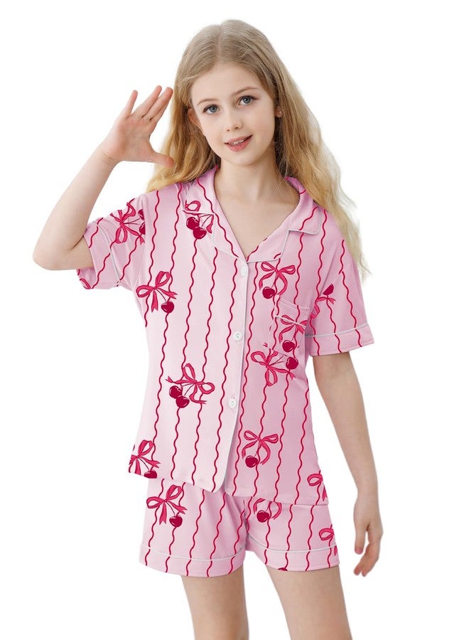 Umeyda Girls Pajamas Set Soft Short Sleeve Button-Down Sleepwea Nightwear 3Pjs Set Loungewear, 5-14 Years, A Pink Bow Cherry, 7-8 years - Image 2