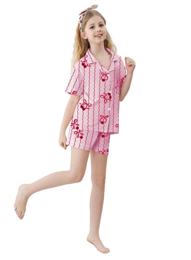 Umeyda Girls Pajamas Set Soft Short Sleeve Button-Down Sleepwea Nightwear 3Pjs Set Loungewear, 5-14 Years, A Pink Bow Cherry, 7-8 years - Image 3