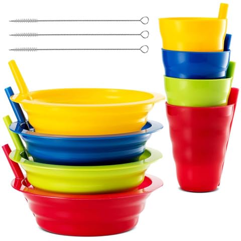 PLASKIDY Cereal Bowls with Straws Kids Straw Cups Set of 4 Kids Plastic Bowls with Straws 4 Straw Cups for Kids BPA Free Dishwasher Safe Kids Bowls with BuiltIn Straw Include 3 Cleaning Brushes