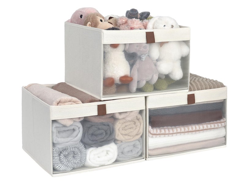 StorageWorks Closet Storage Bins Extra Large Storage Baskets with Clear Window and Handles Foldable Fabric Organizer for Clothes Shelves Beige 3 Pack