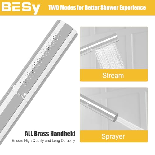 BESy Chrome Brass 2 In 1 Function Handheld Shower Head Set High Pressure 7 Inch Shower Head High Flow Hand Shower Wand with 59 Inch Hose, Bracket, Chrome Finish - Image 2