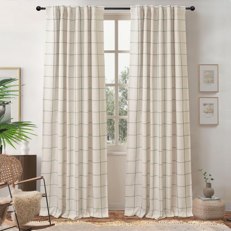 DriftAway 100% Blackout Windowpane Plaid Linen Curtains Double Layer Farmhouse Drapes 90 Inches Long for Living Room Bedroom Yarn Dyed Woven Thermal Insulated Rod Pocket Back Tab 2 Panels Loden Green - Image 1