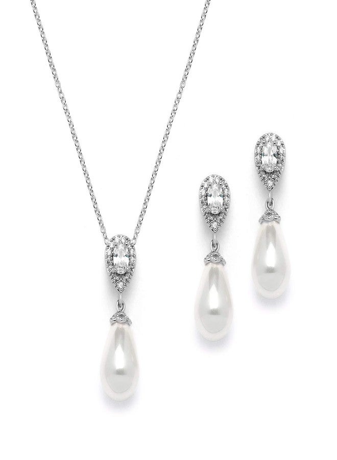 Mariell Pearl Drop Bridal Necklace and Earrings Set with CZ Crystals for Brides, Wedding, Birthday Gift - Image 1