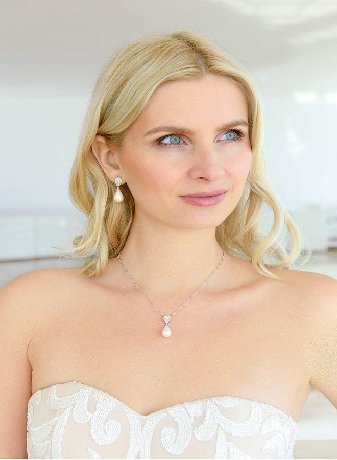 Mariell Pearl Drop Bridal Necklace and Earrings Set with CZ Crystals for Brides, Wedding, Birthday Gift - Image 2