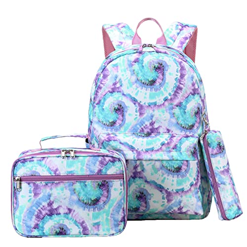 ZHIERNA School Backpack 3PCs Set With Lunch Bag, Tie Dye Bookbags with Pen Case For Teen Girls Kindergarten Elementary(Green) - Image 1