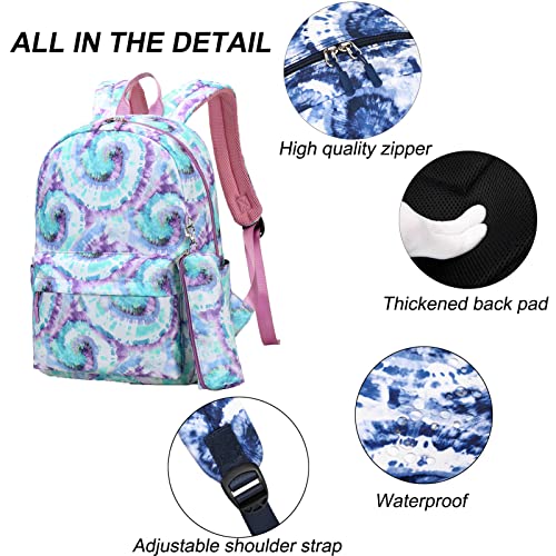 ZHIERNA School Backpack 3PCs Set With Lunch Bag, Tie Dye Bookbags with Pen Case For Teen Girls Kindergarten Elementary(Green) - Image 3
