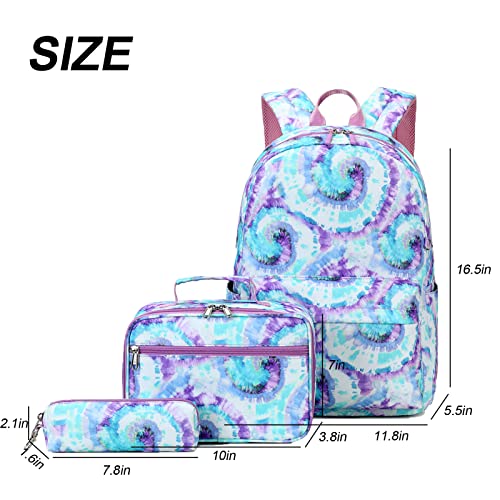 ZHIERNA School Backpack 3PCs Set With Lunch Bag, Tie Dye Bookbags with Pen Case For Teen Girls Kindergarten Elementary(Green) - Image 2