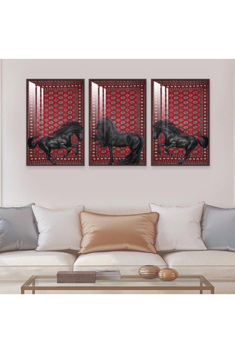 Marktna Three wooden wall painting with a horse design, with a frame and a clear acrylic layer. - Image 1