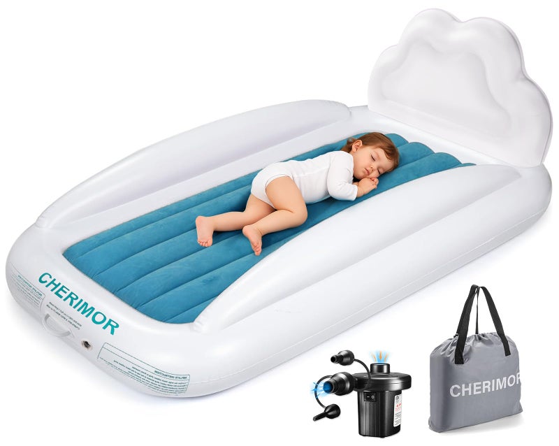 CHERIMOR Toddler Air Mattress with Electric Pump Inflatable Toddler Travel Bed with Safety Sides Portable Kids Blow Up Mattress for Travel Camping Grandma Sleepovers Playing Air Bed Gift for Kids