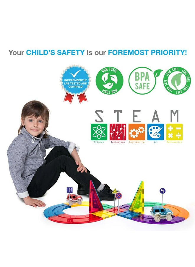PicassoTiles مجموعة ألعاب تعليمية لبناء مسار سيارات بمكونات 50 قطعة من بلاط مغناطيسي مغناطيس DIY مع 2 سيارة مضاءة مجموعة تعليم STEM حزمة بناء لتنسيق اليد والعين وتدريب المهارات الحركية الدقيقة للصبيان والبنات من عمر 3 سنوات وما فوق - Image 4