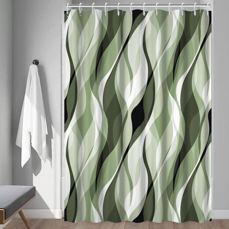 Ruelvth Sage Green Shower Curtain, Abstract Ombre Green and Grey Striped Shower Curtain Set for Bathroom Waterproof Polyester Shower Curtain with Hooks, 72x72 Inch - Image 3