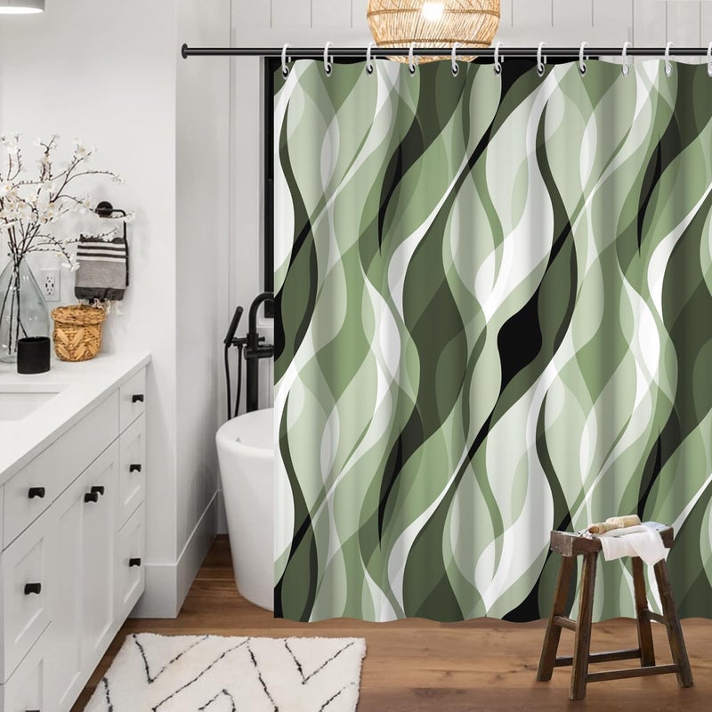 Ruelvth Sage Green Shower Curtain, Abstract Ombre Green and Grey Striped Shower Curtain Set for Bathroom Waterproof Polyester Shower Curtain with Hooks, 72x72 Inch - Image 2
