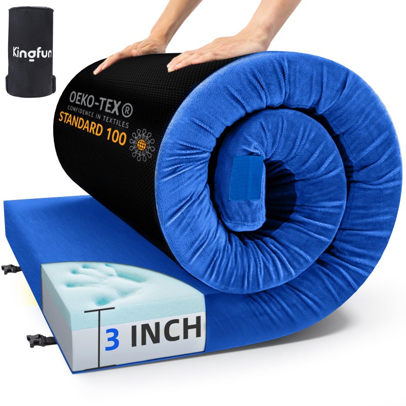 Kingfun 3 Inch CertiPUR-US Memory Foam Camping Mattress, Waterproof Roll up Sleeping Pad, Comfortable Thick Floor Sleeping Mats for Car Truck Tent with Removable Travel Bag (Cot, Blue) - Image 1