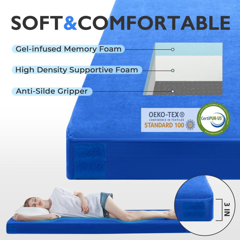 Kingfun 3 Inch CertiPUR-US Memory Foam Camping Mattress, Waterproof Roll up Sleeping Pad, Comfortable Thick Floor Sleeping Mats for Car Truck Tent with Removable Travel Bag (Cot, Blue) - Image 2