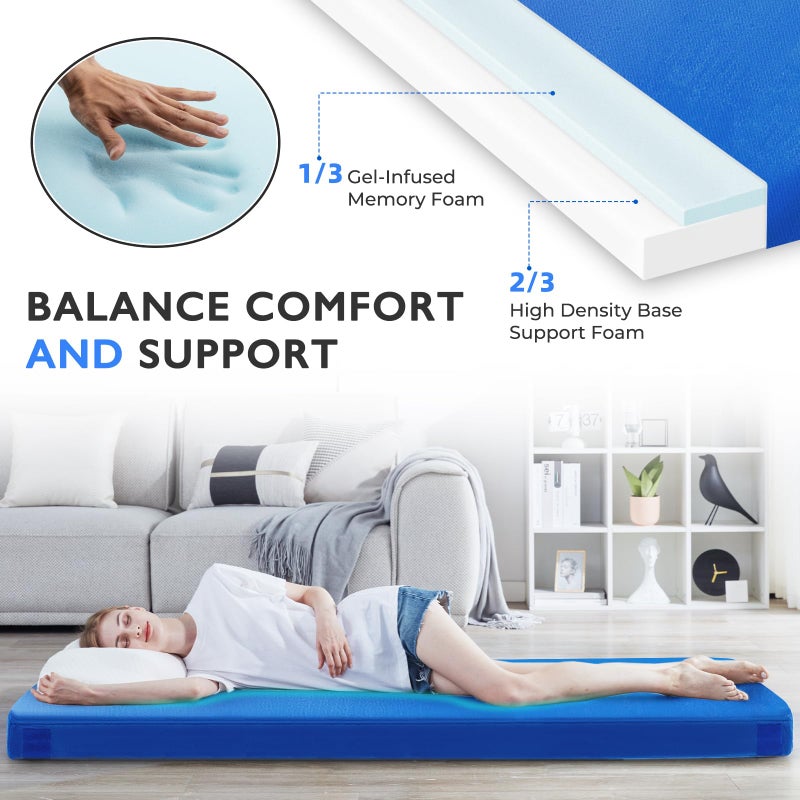 Kingfun 3 Inch CertiPUR-US Memory Foam Camping Mattress, Waterproof Roll up Sleeping Pad, Comfortable Thick Floor Sleeping Mats for Car Truck Tent with Removable Travel Bag (Cot, Blue) - Image 4