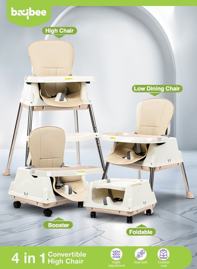 BAYBEE 4 In 1 Baby High Chair for kids With Adjustable Height, Footrest, Tray And Belt For 6 Months to 3 Years Beige - Image 1