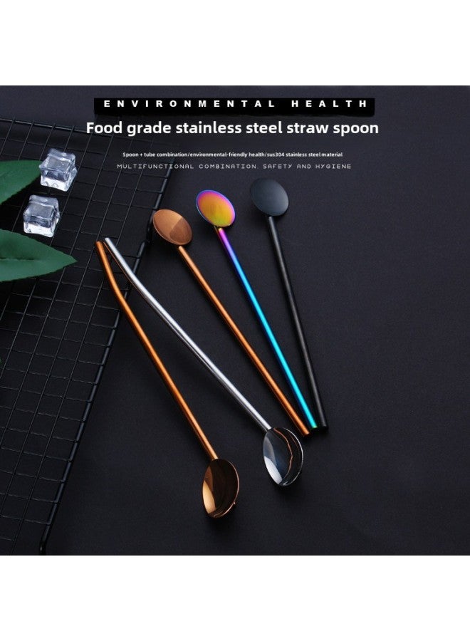 Colorful 304 Stainless Steel Straws Spoon Set For Beverages With Straw Filter Perfect Gift For Weddings Birthdays Festivals-Color:Plated Black-Specifications:Straw Oval Spoon Cloth Wheel Light - Image 2