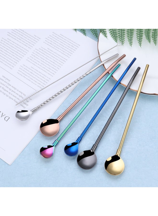 Colorful 304 Stainless Steel Straws Spoon Set For Beverages With Straw Filter Perfect Gift For Weddings Birthdays Festivals-Color:Plated Black-Specifications:Straw Oval Spoon Cloth Wheel Light - Image 5