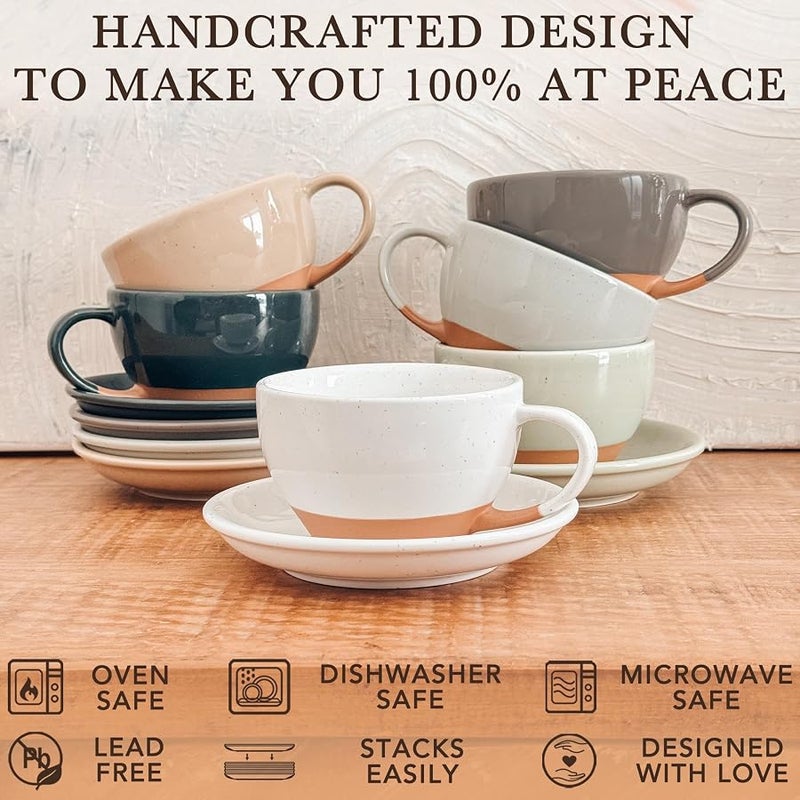 Mora Ceramic Latte Art Mug With Saucer - 10.5 oz, Round Bottom For Perfect Pours - Cafe Cups for Cappuccino, Espresso, Coffee, Tea etc - Porcelain Set for Baristas, Great Gift - Vanilla White - Image 4