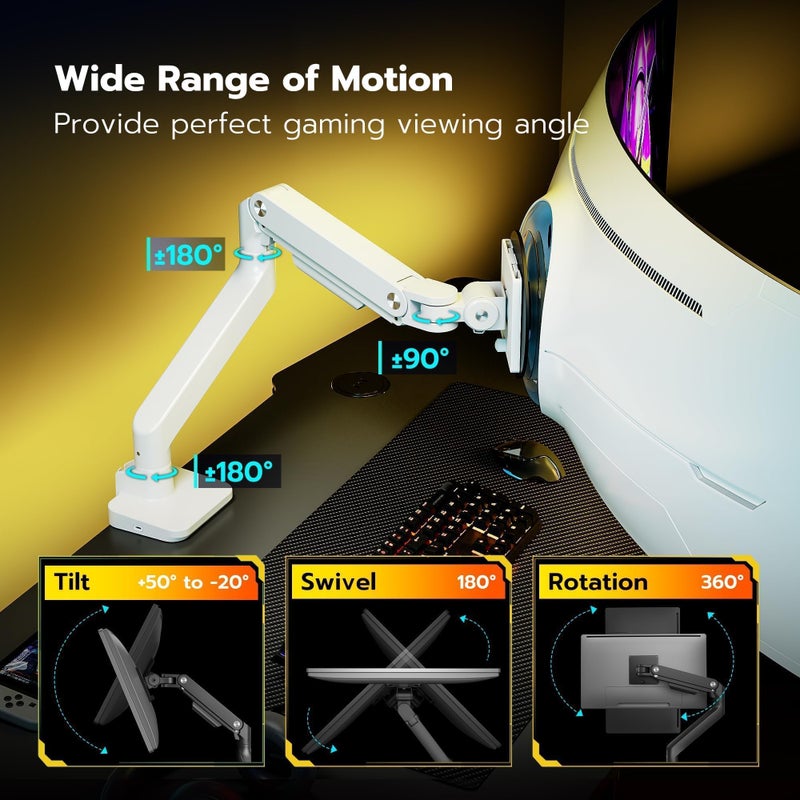 ARES WING Ultrawide Monitor Arms White with USB A/C, Heavy Duty Monitor Arm for 17 to 49 inch Screen, Holds 44 lbs, Adjustable Gas Spring Desk Mount with Clamp and Grommet Base - Image 4