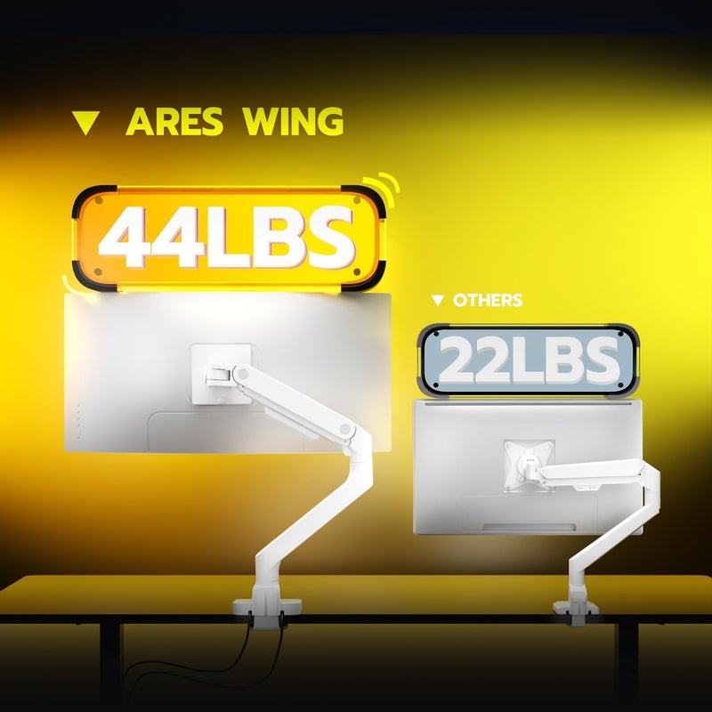 ARES WING Ultrawide Monitor Arms White with USB A/C, Heavy Duty Monitor Arm for 17 to 49 inch Screen, Holds 44 lbs, Adjustable Gas Spring Desk Mount with Clamp and Grommet Base - Image 3