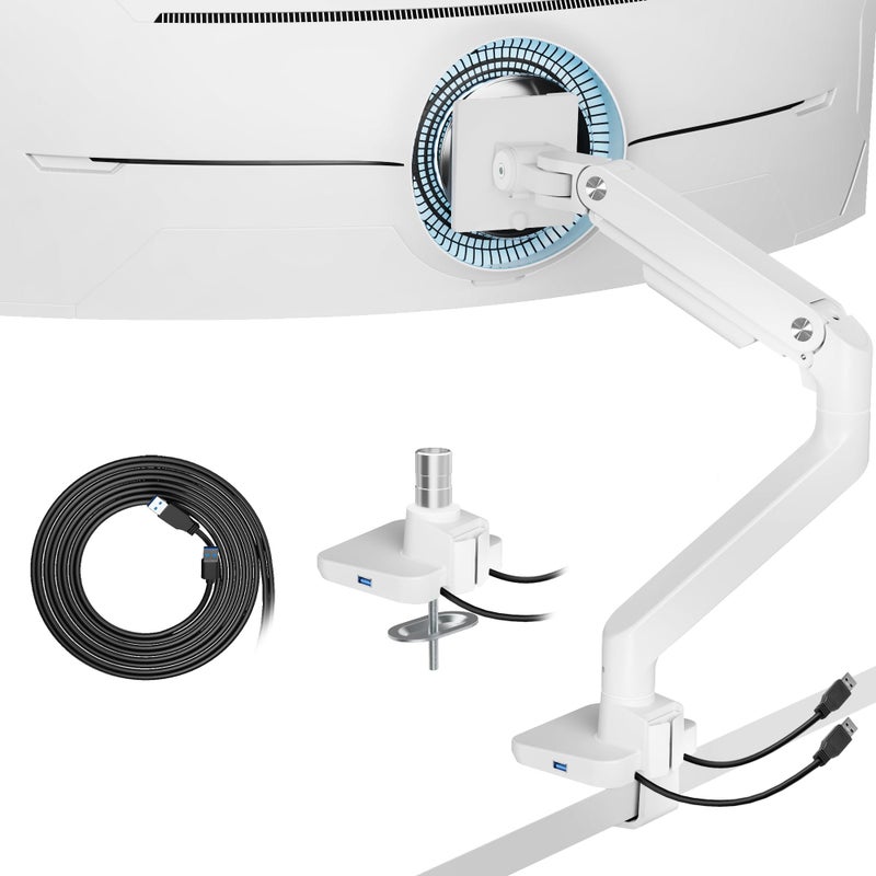 ARES WING Ultrawide Monitor Arms White with USB A/C, Heavy Duty Monitor Arm for 17 to 49 inch Screen, Holds 44 lbs, Adjustable Gas Spring Desk Mount with Clamp and Grommet Base - Image 1