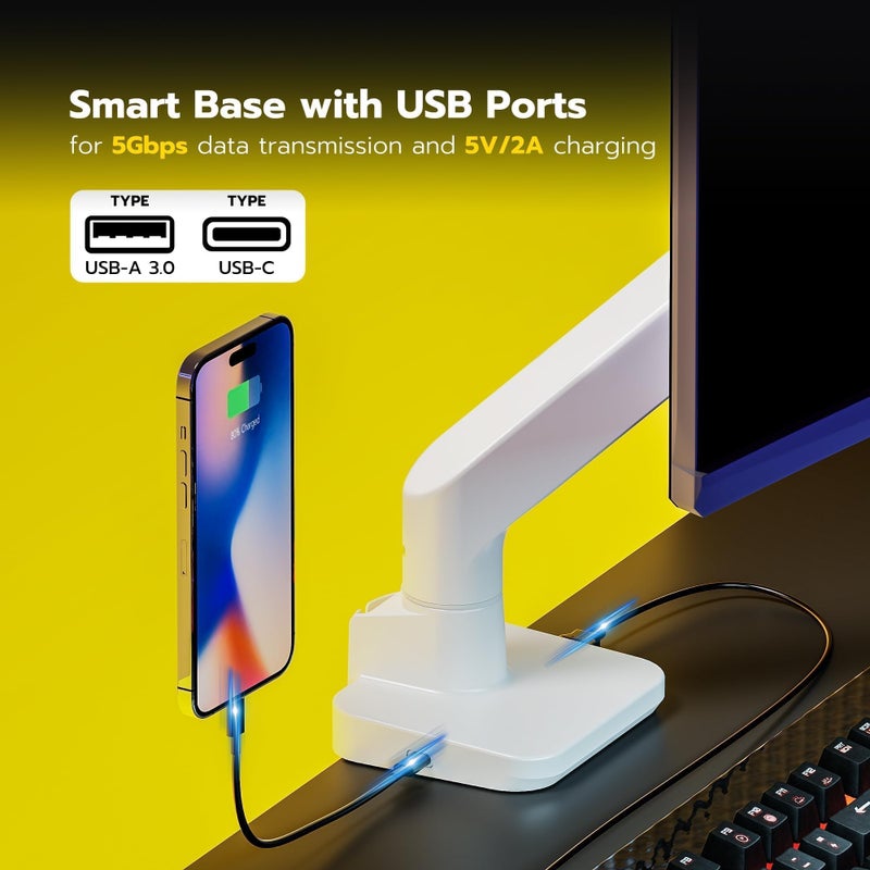 ARES WING Ultrawide Monitor Arms White with USB A/C, Heavy Duty Monitor Arm for 17 to 49 inch Screen, Holds 44 lbs, Adjustable Gas Spring Desk Mount with Clamp and Grommet Base - Image 5