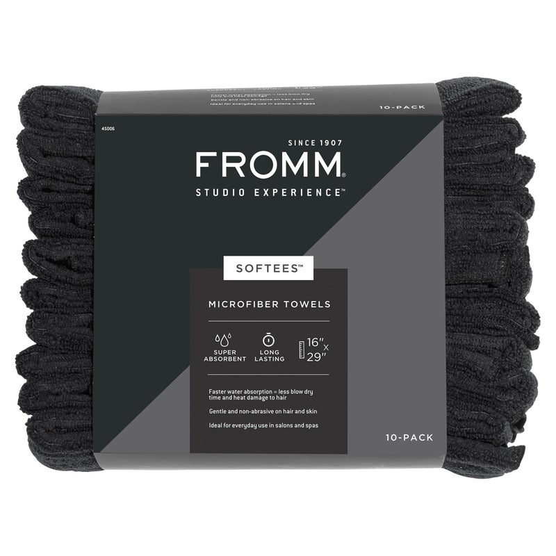 Fromm Softees Microfiber Hair Towels, Absorbent Salon Hair Towels for Hairstylists, Barbers, Spa & Gym, Fast-Drying, Ultra-Soft, Lint-Free, Multi-Purpose Towels, 16" x 29"- 10-Pack - Black - Image 1