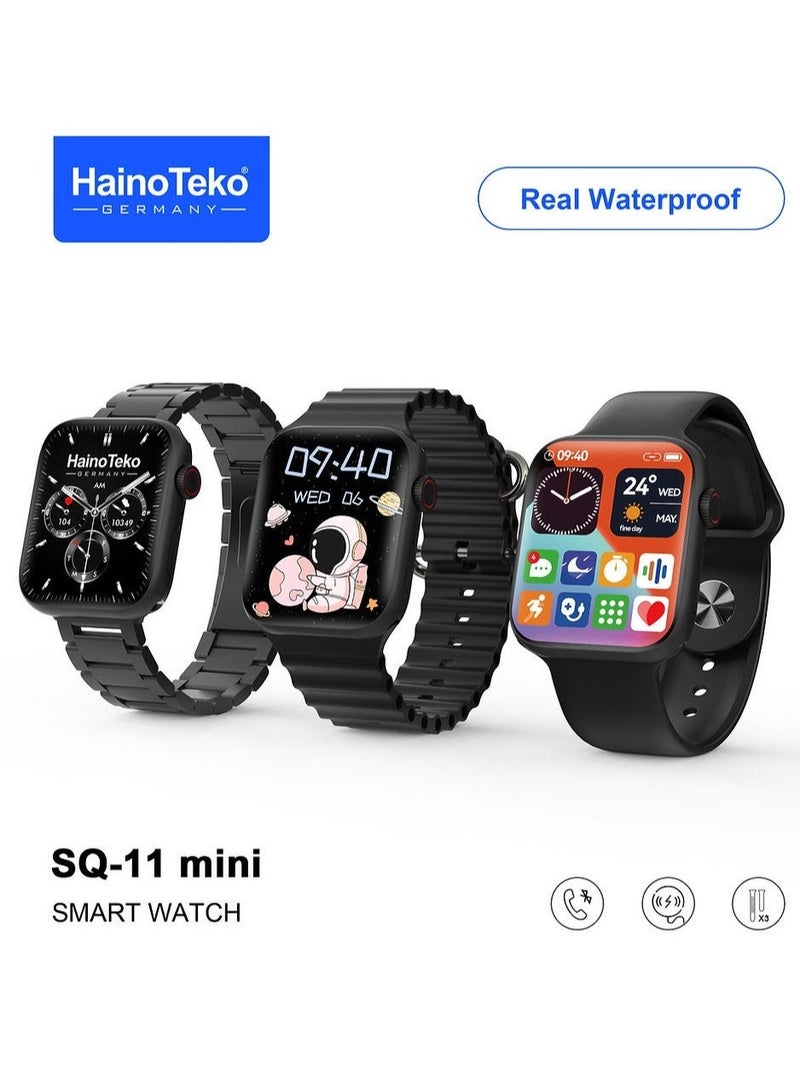 Haino Teko SQ11 Mini Smart Watch With Full Screen AMOLED Display Real Waterproof and 3 Pair Straps For Ladies and Gents Black - Image 1