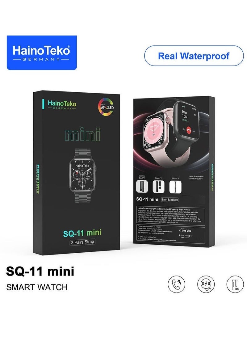 Haino Teko SQ11 Mini Smart Watch With Full Screen AMOLED Display Real Waterproof and 3 Pair Straps For Ladies and Gents Black - Image 2