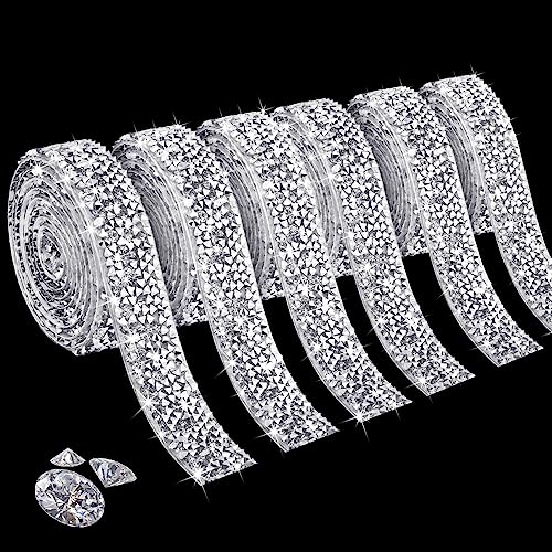 Tetutor 6 Rolls Self Adhesive Rhinestone Ribbons, Sliver Resin Rhinestone Strips, Diamond Crystal Rhinestone Ribbon Roll Stickers Glitter Bling Ribbons for Crafts Fabric Car - Image 1