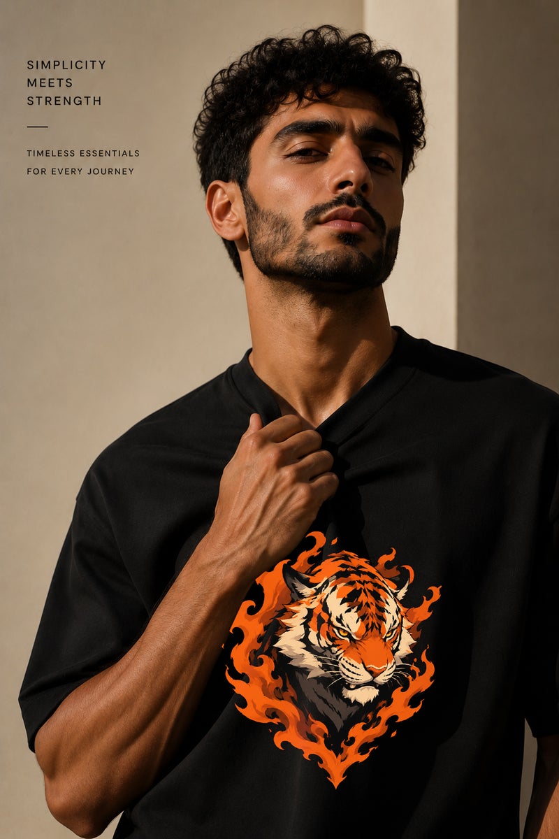 Men's Oversized Black T-Shirt with Fiery Tiger Graphic Casual Short Sleeve Crew Neck Streetwear Tee - Image 5