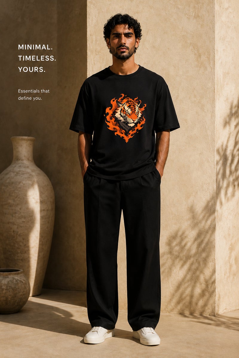 Men's Oversized Black T-Shirt with Fiery Tiger Graphic Casual Short Sleeve Crew Neck Streetwear Tee - Image 2